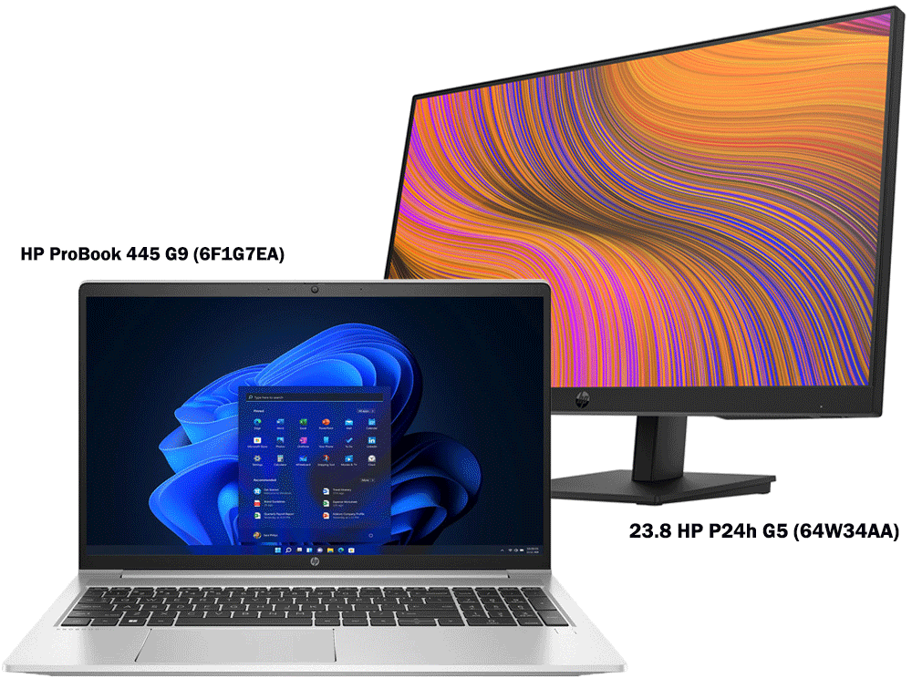Εικόνα Set HP ProBook 445 G9 (6F1G7EA) - Οθόνη Full HD 14" - AMD Ryzen™ 5 5625U Processor - 16GB RAM - 512GB SSD - Windows 11 Pro Mαζί με Monitor 23.8 HP P24h G5 (64W34AA) - Ανάλυση Full HD, Ηχεία.
